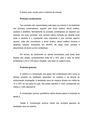 f) Outros usos: carvão para a indústria de cimento. 
Produtos condensáveis 
Tais produtos são representados pela água (no mínimo ¾ da totalidade 
dos produtos condensáveis), seguido pelo ácido acético, álcool metílico, 
acetona e alcatrões. Normalmente os produtos condensáveis se separam por 
repouso, em duas camadas: uma camada inferior formada por alcatrão bruto 
onde o creosoto é o constituinte mais importante e uma camada superior 
aquosa, onde são encontrados o ácido acético, álcool metílico, acetona e 
alcatrões solúveis dissolvidos em 80-85% de água. Essa camada é 
denominada de ácido ou licor pirolenhoso. 
Em termos de rendimento os valores encontrados para estas duas 
frações têm estado compreendidos entre 40 e 45% para o caso do ácido 
pirolenhoso e 5% a 15% para o alcatrão, com base na madeira seca. 
Produtos gasosos 
O volume e a composição dos gases não condensáveis bem como os 
demais produtos da destilação dependem da madeira e da técnica de 
carbonização empregada. A destilação seca da madeira fornece em média de 
15 a 20% de seu peso em gás. Seu poder calorífico a 15oC corresponde em 
média a 1.300 calorias/m3. 
A composição química quantitativa média desses gases é mostrada na 
tabela 4. 
Tabela 4. Composição química média dos produtos gasosos da 
destilação seca da madeira. 
 