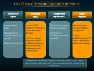 -Фиксированные
скидки
-Индивидуальные
скидки (на группу, для
клиента)
-Накопительные скидки
-Продажа сертификатов
с любым номиналом
-Возможность
постепенного расхода
номинала
-Автоматическое
списание подарков
при продаже
-Скидки с
дифференциацией по
часам, дням недели,
временному периоду
СИСТЕМА СТИМУЛИРОВАНИЯ ПРОДАЖ
-Сервер UHTT
позволяет производить
on-line начисление
бонусов
-Контроль расхода
бонусов позволяет
избежать перерасход
бонусных баллов в
рамках нескольких
объектов сети
Имеющиеся в системе инструменты позволяют охватить весь спектр
маркетинговых мероприятий по стимулированию продаж и увеличению
лояльности
WWW.PETROGLIF.RU
 