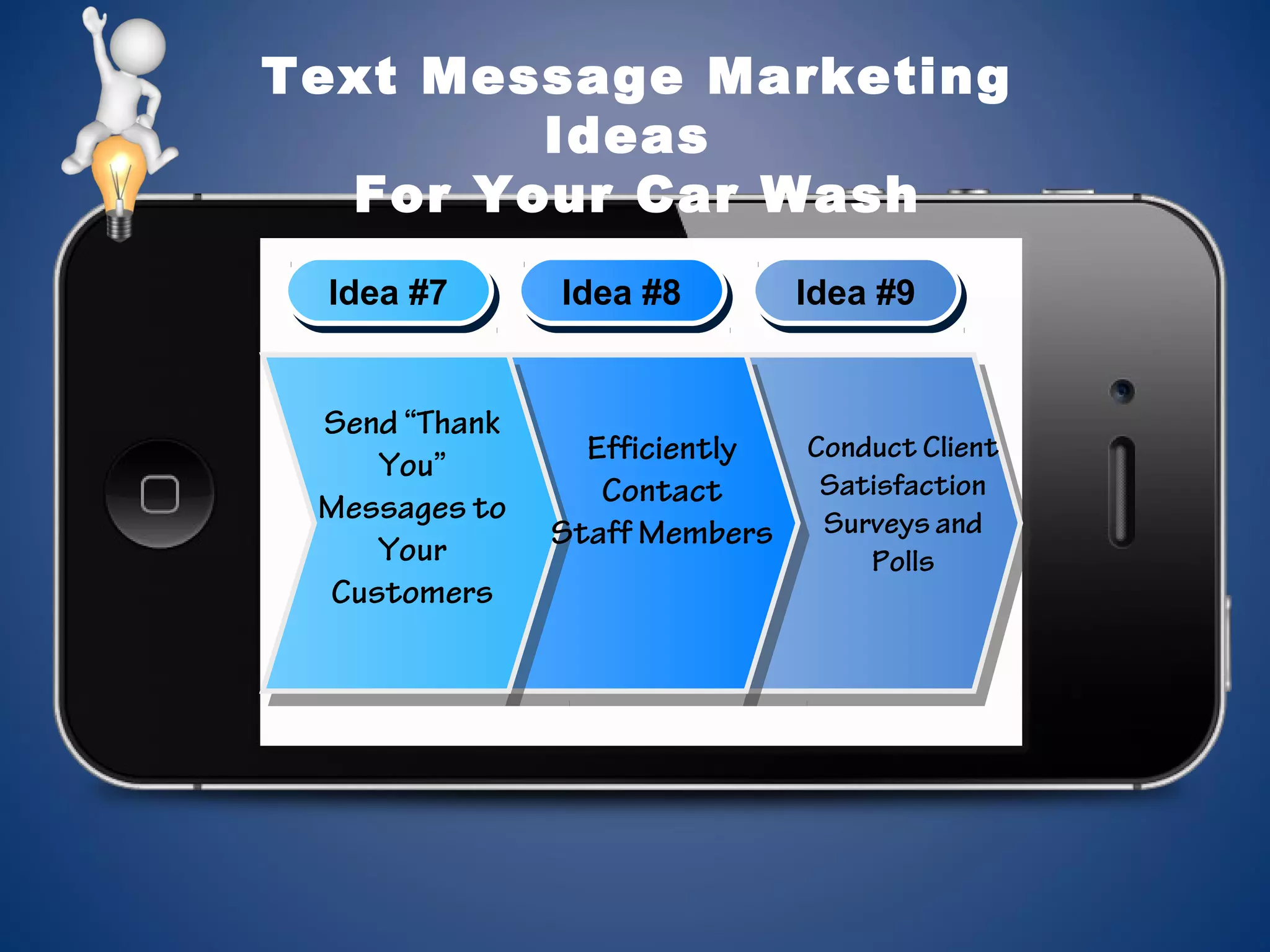 Text Message Marketing
Ideas
For Your Car Wash
Idea #7Idea #7 Idea #8Idea #8 Idea #9Idea #9
Send “Thank
You”
Messages to
Your
Customers
Efficiently
Contact
Staff Members
Conduct Client
Satisfaction
Surveys and
Polls
 