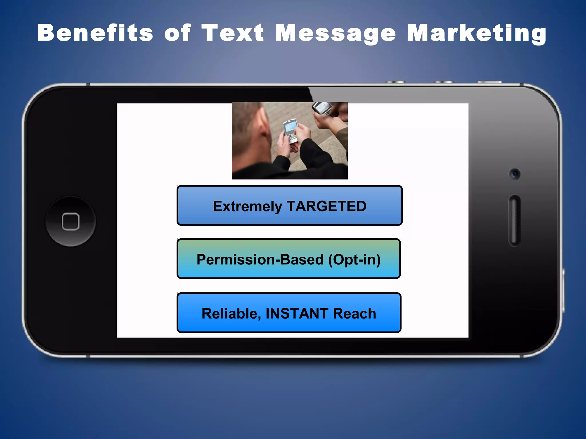 Extremely TARGETED
Permission-Based (Opt-in)
Reliable, INSTANT Reach
Benefits of Text Message Marketing
 