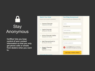 Stay
Anonymous
CarWoo! lets you keep
control of your contact
information so that you only
get phone calls or emails
from dealers when you want
to.