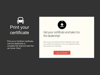 Print your
certificate
Print out a CarWoo! certificate,
visit the dealership to
complete the deal and take the
car home. Woo!