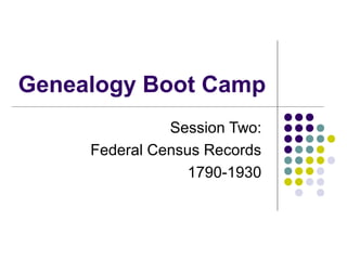 Genealogy Boot Camp
Session Two:
Federal Census Records
1790-1930
 