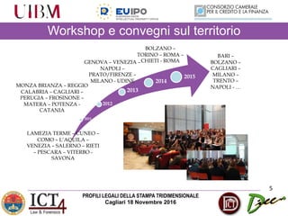 PROFILI LEGALI DELLA STAMPA TRIDIMENSIONALE
Cagliari 18 Novembre 2016
Workshop e convegni sul territorio
5
2011
2012
2013
2014
2015
LAMEZIA TERME – CUNEO –
COMO – L’AQUILA –
VENEZIA – SALERNO – RIETI
– PESCARA – VITERBO -
SAVONA
MONZA BRIANZA – REGGIO
CALABRIA – CAGLIARI –
PERUGIA – FROSINONE –
MATERA – POTENZA -
CATANIA
GENOVA – VENEZIA –
NAPOLI –
PRATO/FIRENZE –
MILANO - UDINE
BOLZANO –
TORINO – ROMA –
CHIETI - ROMA
BARI –
BOLZANO –
CAGLIARI –
MILANO –
TRENTO –
NAPOLI - …
 