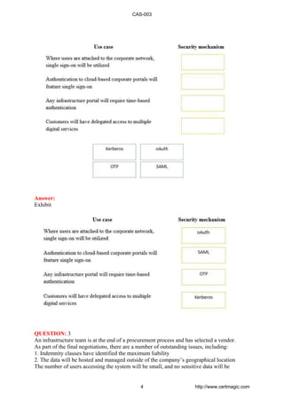 Answer:
Exhibit
QUESTION: 3
An infrastructure team is at the end of a procurement process and has selected a vendor.
As part of the final negotiations, there are a number of outstanding issues, including:
1. Indemnity clauses have identified the maximum liability
2. The data will be hosted and managed outside of the company’s geographical location
The number of users accessing the system will be small, and no sensitive data will be
CAS-003
4 http://www.certmagic.com
 