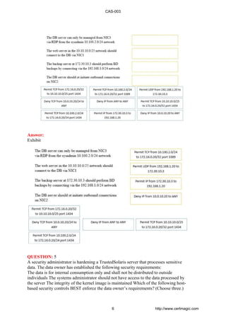 Answer:
Exhibit
QUESTION: 5
A security administrator is hardening a TrustedSolaris server that processes sensitive
data. The data owner has established the following security requirements:
The data is for internal consumption only and shall not be distributed to outside
individuals The systems administrator should not have access to the data processed by
the server The integrity of the kernel image is maintained Which of the following host-
based security controls BEST enforce the data owner’s requirements? (Choose three.)
CAS-003
6 http://www.certmagic.com
 