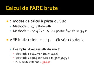    2 modes de calcul à partir du SJR
     Méthode 1 : 57.4% du SJR
     Méthode 2 : 40.4 % du SJR + partie fixe de 11.34 €

   ARE brute retenue : la plus élevée des deux

     Exemple : Avec un SJR de 100 €
      ▪ Méthode 1 : 57.4 % * 100 = 57.4 €
      ▪ Méthode 2 : 40.4 % * 100 + 11.34 = 51.74 €
      ▪ ARE brute retenue = 57.4 €
 