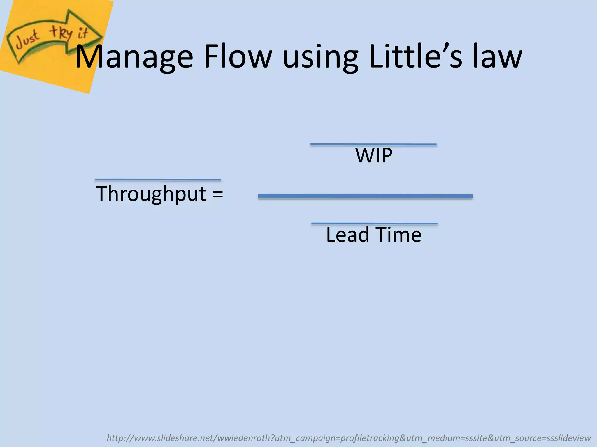 Manage Flow using Little’s law 
Throughput = 
WIP 
Lead Time 
http://www.slideshare.net/wwiedenroth?utm_campaign=profiletracking&utm_medium=sssite&utm_source=ssslideview 
 