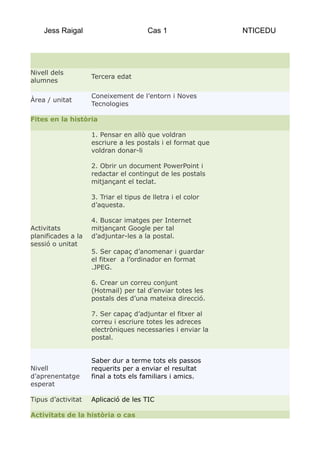 Jess Raigal                        Cas 1                 NTICEDU




Nivell dels
                    Tercera edat
alumnes

                    Coneixement de l’entorn i Noves
Àrea / unitat
                    Tecnologies

Fites en la història

                    1. Pensar en allò que voldran
                    escriure a les postals i el format que
                    voldran donar-li

                    2. Obrir un document PowerPoint i
                    redactar el contingut de les postals
                    mitjançant el teclat.

                    3. Triar el tipus de lletra i el color
                    d’aquesta.

                    4. Buscar imatges per Internet
Activitats          mitjançant Google per tal
planificades a la   d’adjuntar-les a la postal.
sessió o unitat
                    5. Ser capaç d’anomenar i guardar
                    el fitxer a l’ordinador en format
                    .JPEG.

                    6. Crear un correu conjunt
                    (Hotmail) per tal d’enviar totes les
                    postals des d’una mateixa direcció.

                    7. Ser capaç d’adjuntar el fitxer al
                    correu i escriure totes les adreces
                    electròniques necessaries i enviar la
                    postal.


                    Saber dur a terme tots els passos
Nivell              requerits per a enviar el resultat
d’aprenentatge      final a tots els familiars i amics.
esperat

Tipus d’activitat   Aplicació de les TIC

Activitats de la història o cas
 