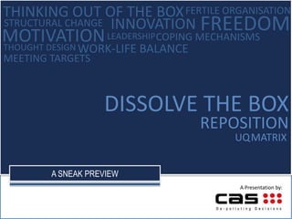 THINKING OUT OF THE BOX FERTILE ORGANISATION FREEDOM INNOVATION STRUCTURAL CHANGE MOTIVATION COPING MECHANISMS LEADERSHIP WORK-LIFE BALANCE THOUGHT DESIGN MEETING TARGETS DISSOLVE THE BOX REPOSITION UQMATRIX A SNEAK PREVIEW A Presentation by: 