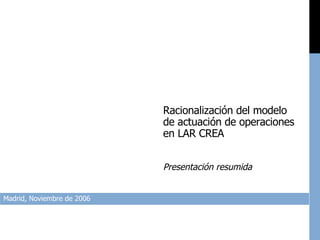 Madrid, Noviembre de 2006 Racionalización del modelo de actuación de operaciones en LAR CREA Presentación resumida 