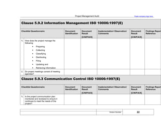 Project Management Audit Paste company logo here
Clause 5.9.2 Information Management ISO 10006:1997(E)
Checklist Questionnaire Document
Identification
Document
Result
[C/N/P/A/X]
Implementation/ Observation/
Comments
Document
Result
[C/N/P/A/X]
Findings Report
Reference
1. How does the project manage the
following:
 Preparing
 Collecting
 Classifying
 Distributing
 Filing
 Updating and
 Retrieving information
2. Do project meetings consist of meeting
agendas?
Clause 5.9.3 Communication Control ISO 10006:1997(E)
Checklist Questionnaire Document
Identification
Document
Result
[C/N/P/A/X]
Implementation/ Observation/
Comments
Document
Result
[C/N/P/A/X]
Findings Report
Reference
1. Is the project communication plan
monitored and reviewed to ensure it
continues to meet the needs of the
project?
22
Version Number:
 