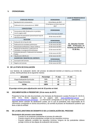 V. CRONOGRAMA:
VI. DE LA ETAPA DE EVALUACIÓN
Los factores de evaluación dentro del proceso de selección tendrán un máximo y un mínimo de
puntos, distribuyéndose de la siguiente manera:
RESUMEN Porcentaje P. max P. min
Etapa Evaluación Curricular 50% 30 16
Etapa Entrevista 50% 30 16
TOTAL 100% 60 32
El puntaje mínimo para adjudicación será de 32 puntos en total.
VII. DOCUMENTACIÓN A PRESENTAR ( 20 de marzo de 2017)
Presentar la hoja de vida documentada y los formatos de Declaración Jurada (Formato 01, 02,03-A,
03-B, 03-C, 03-D) colgados en la página web: www.grelalibertad.gob.pe y
www.regionlalibertad.gob.pe/trabajo/ . La información consignada en la hoja de vida y documentos
adjuntos tienen carácter de declaración jurada, por lo que el postulante será responsable de la
información consignada en dichos documentos y se somete al proceso de fiscalización posterior que
lleve a cabo la entidad.
VIII. DE LA DECLARATORIA DE DESIERTO O DE LA CANCELACIÓN DEL PROCESO
Declaratoria del proceso como desierto
- Cuando no se presentan postulantes al proceso de selección.
- Cuando ninguno de los postulantes cumple con los requisitos mínimos.
- Cuando habiendo cumplido los requisitos mínimos, ninguno de los postulantes obtiene
puntaje mínimo en las etapas de evaluación del proceso.
ETAPAS DEL PROCESO CRONOGRAMA
LUGAR DE PRESENTACION DE
EXPEDIENTES
1 Aprobación de la convocatoria 24 de febrero de 2017
Av. Sánchez Carrión
1505 - El Porvenir, en
horarios de 8:00 Hrs. a
15:30 Hrs.
2
Publicación de la convocatoria en SENEP
27 de febrero al 10 de marzo de
2017
CONVOCATORIA
CRONOGRAMA
13 al 17 de marzo de 2017
3
Convocatoria UGEL (Publicación en periódico
mural y pagina web)
4
Inscripción de postulantes (presentación hoja de
vida documentado)
20 de marzo de 2017
SELECCIÓN
CRONOGRAMA
21 de marzo de 20175 Evaluación de la hoja de vida
6 Publicación de resultados preliminares 21 de marzo de 2017
7 Presentación de Reclamos (Hasta 12:00 m) 22 de marzo de 2017
8
Absolución de Reclamos, publicación de
resultados y cronograma de entrevistas.
22 de marzo de 2017
9
Entrevista personal y Publicación de resultados
finales
23 de marzo de 2017
10 Adjudicación (08:00 am) 24 de marzo de 2017
SUSCRIPCION Y REGISTRO DEL CONTRATO
CRONOGRAMA
24 de marzo de 201711 Suscripción del Contrato
12 Registro de Contrato 24 de marzo de 2017
 