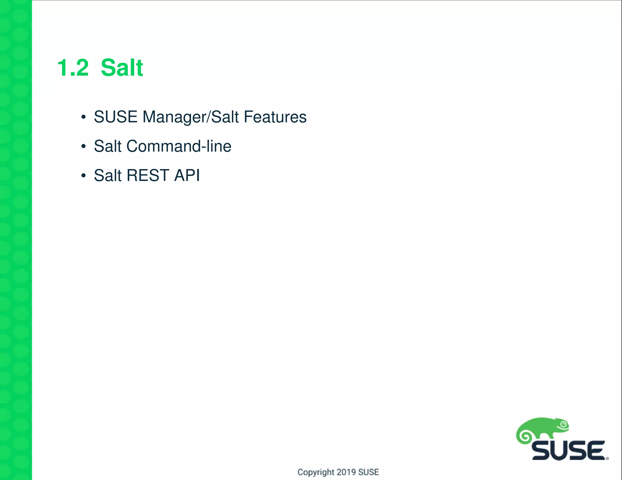 1.2 Salt
• SUSE Manager/Salt Features
• Salt Command-line
• Salt REST API
 