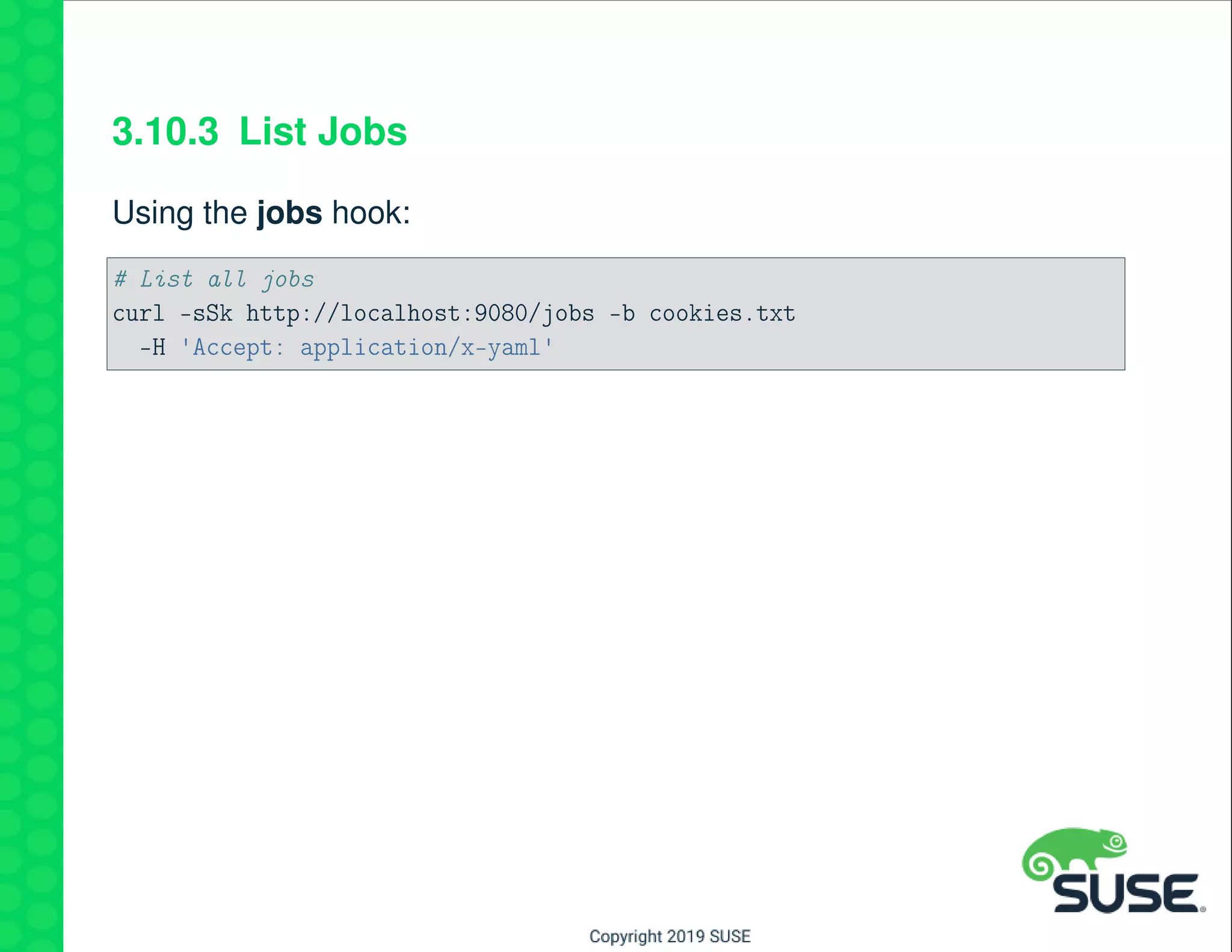 3.10.3 List Jobs
Using the jobs hook:
# List all jobs
curl -sSk http://localhost:9080/jobs -b cookies.txt
-H 'Accept: application/x-yaml'
 