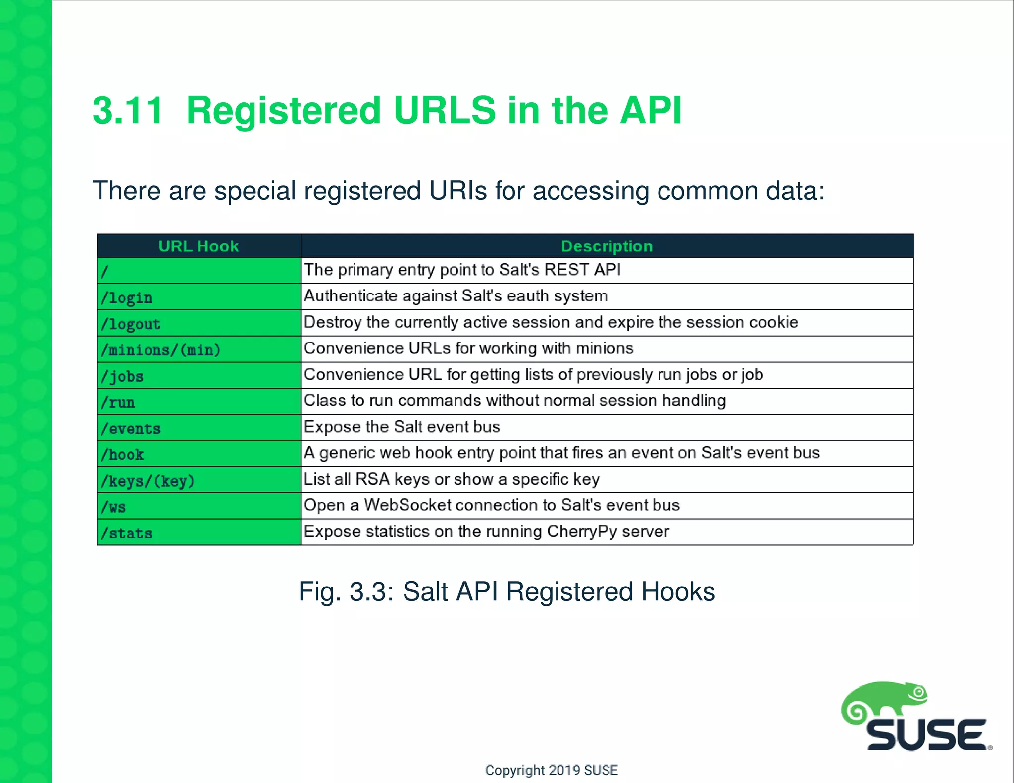 3.11 Registered URLS in the API
There are special registered URIs for accessing common data:
Fig. 3.3: Salt API Registered Hooks
 