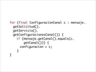 for (final ConfiguracionCanal c : mensaje.
  getSolicitud().
  getServicio().
  getConfiguracionesCanal()) {
    if (mensaje.getCanal().equals(c.
        getCanal())) {
      configuracion = c;
    }
}
 