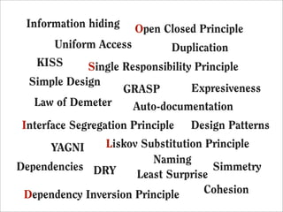 Information hiding     Open Closed Principle
       Uniform Access          Duplication
   KISS      Single Responsibility Principle
  Simple Design
                    GRASP         Expresiveness
   Law of Demeter     Auto-documentation
Interface Segregation Principle   Design Patterns
      YAGNI     Liskov Substitution Principle
                         Naming
Dependencies DRY                     Simmetry
                      Least Surprise
 Dependency Inversion Principle     Cohesion
 