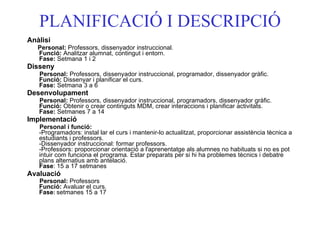PLANIFICACIÓ I DESCRIPCIÓ Anàlisi Personal:  Professors, dissenyador instruccional.  Funció:  Analitzar alumnat, contingut i entorn.  Fase:  Setmana 1 i 2 Disseny Personal:  Professors, dissenyador instruccional, programador, dissenyador gràfic.  Funció:  Dissenyar i planificar el curs.  Fase:  Setmana 3 a 6 Desenvolupament Personal:  Professors, dissenyador instruccional, programadors, dissenyador gràfic.  Funció:  Obtenir o crear continguts MDM, crear interaccions i planificar activitats.  Fase:  Setmanes 7 a 14 Implementació Personal i funció:  -Programadors: instal lar el curs i mantenir-lo actualitzat, proporcionar assistència tècnica a estudiants i professors. -Dissenyador instruccional: formar professors.  -Professors: proporcionar orientació a l'aprenentatge als alumnes no habituats si no es pot intuir com funciona el programa. Estar preparats per si hi ha problemes tècnics i debatre plans alternatius amb antelació. Fase : 15 a 17 setmanes Avaluació Personal:  Professors  Funció:  Avaluar el curs.  Fase :   setmanes 15 a 17   