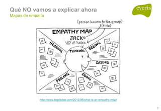 7
Qué NO vamos a explicar ahora
Mapas de empatía
http://www.bigvisible.com/2012/06/what-is-an-empathy-map/
 