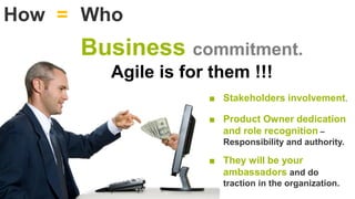 CAS 2014 22
How Who=
Business commitment.
Agile is for them !!!
■ Stakeholders involvement.
■ Product Owner dedication
and...