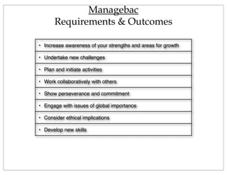 Managebac
Requirements & Outcomes
• Increase awareness of your strengths and areas for growth
• Undertake new challenges
• Plan and initiate activities
• Work collaboratively with others
• Show perseverance and commitment
• Engage with issues of global importance
• Consider ethical implications
• Develop new skills
 