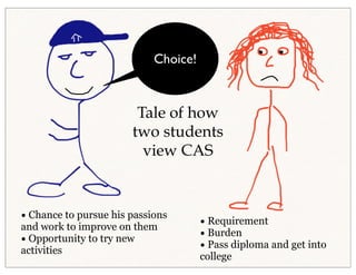 Tale of how
two students
view CAS
• Chance to pursue his passions
and work to improve on them
• Opportunity to try new
activities
• Requirement
• Burden
• Pass diploma and get into
college
Choice!
 