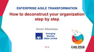 ENTERPRISE AGILE TRANSFORMATION
How to deconstruct your organization
step by step
Xavier Albaladejo
Emerging
Markets
EMEA-LATAM
V1.2
 
