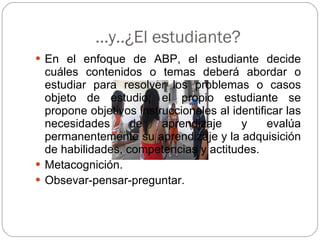 … y..¿El estudiante? En el enfoque de ABP, el estudiante decide cuáles contenidos o temas deberá abordar o estudiar para resolver los problemas o casos objeto de estudio; el propio estudiante se propone objetivos instruccionales al identificar las necesidades de aprendizaje y evalúa permanentemente su aprendizaje y la adquisición de habilidades, competencias y actitudes. Metacognición.  Obsevar-pensar-preguntar. 