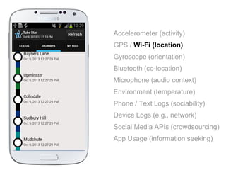 Accelerometer (activity)
GPS / Wi-Fi (location)
Gyroscope (orientation)
Bluetooth (co-location)
Microphone (audio context)
Environment (temperature)
Phone / Text Logs (sociability)
Device Logs (e.g., network)
Social Media APIs (crowdsourcing)
App Usage (information seeking)
 
