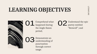 01
03
02
Comprehend what
happened during
the Anglo-Saxon
period;
Understand the epic
poetry entitled
“Beowulf”; and
Demonstrate an
understanding of
punctuation
through correct
usage.
LEARNING OBJECTIVES
LITERATURE
 