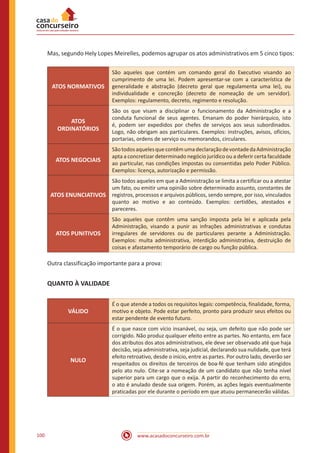 www.acasadoconcurseiro.com.br100
Mas, segundo Hely Lopes Meirelles, podemos agrupar os atos administrativos em 5 cinco tipos:
ATOS NORMATIVOS
São aqueles que contém um comando geral do Executivo visando ao
cumprimento de uma lei. Podem apresentar-se com a característica de
generalidade e abstração (decreto geral que regulamenta uma lei), ou
individualidade e concreção (decreto de nomeação de um servidor).
Exemplos: regulamento, decreto, regimento e resolução.
ATOS
ORDINATÓRIOS
São os que visam a disciplinar o funcionamento da Administração e a
conduta funcional de seus agentes. Emanam do poder hierárquico, isto
é, podem ser expedidos por chefes de serviços aos seus subordinados.
Logo, não obrigam aos particulares. Exemplos: instruções, avisos, ofícios,
portarias, ordens de serviço ou memorandos, circulares.
ATOS NEGOCIAIS
SãotodosaquelesquecontêmumadeclaraçãodevontadedaAdministração
apta a concretizar determinado negócio jurídico ou a deferir certa faculdade
ao particular, nas condições impostas ou consentidas pelo Poder Público.
Exemplos: licença, autorização e permissão.
ATOS ENUNCIATIVOS
São todos aqueles em que a Administração se limita a certificar ou a atestar
um fato, ou emitir uma opinião sobre determinado assunto, constantes de
registros, processos e arquivos públicos, sendo sempre, por isso, vinculados
quanto ao motivo e ao conteúdo. Exemplos: certidões, atestados e
pareceres.
ATOS PUNITIVOS
São aqueles que contêm uma sanção imposta pela lei e aplicada pela
Administração, visando a punir as infrações administrativas e condutas
irregulares de servidores ou de particulares perante a Administração.
Exemplos: multa administrativa, interdição administrativa, destruição de
coisas e afastamento temporário de cargo ou função pública.
Outra classificação importante para a prova:
QUANTO À VALIDADE
VÁLIDO
É o que atende a todos os requisitos legais: competência, finalidade, forma,
motivo e objeto. Pode estar perfeito, pronto para produzir seus efeitos ou
estar pendente de evento futuro.
NULO
É o que nasce com vício insanável, ou seja, um defeito que não pode ser
corrigido. Não produz qualquer efeito entre as partes. No entanto, em face
dos atributos dos atos administrativos, ele deve ser observado até que haja
decisão, seja administrativa, seja judicial, declarando sua nulidade, que terá
efeito retroativo, desde o início, entre as partes. Por outro lado, deverão ser
respeitados os direitos de terceiros de boa-fé que tenham sido atingidos
pelo ato nulo. Cite-se a nomeação de um candidato que não tenha nível
superior para um cargo que o exija. A partir do reconhecimento do erro,
o ato é anulado desde sua origem. Porém, as ações legais eventualmente
praticadas por ele durante o período em que atuou permanecerão válidas.
 