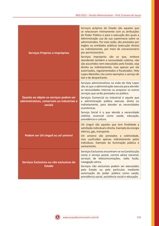 INSS 2015 – Direito Administrativo – Prof. Cristiano de Souza
www.acasadoconcurseiro.com.br 119
Serviços Próprios e Impróprios
Serviços próprios do Estado são aqueles que
se relacionam intimamente com as atribuições
do Poder Público e para a execução dos quais a
Administração usa da sua supremacia sobre os
administrados. Por esta razão, são prestados por
órgãos ou entidades públicas (execução direta)
ou indiretamente, por meio de concessionário
por permissionário.
Serviços impróprios são os que, embora
atendendo também a necessidade coletiva, não
são assumidos nem executados pelo Estado, seja
direita ou indiretamente, mas apenas por ele
autorizados, regulamentados e fiscalizados. Hely
Lopes Meirelles cita como exemplos o serviço de
taxi e de despachante.
Quanto ao objeto os serviços podem ser
administrativos, comerciais ou industriais e
sociais
Serviços administrativos na visão de Hely Lopes
são os que a administração executa para atender
as necessidades internas ou preparar os outros
serviços que serão prestados ao público.
Serviços Comercial ou Industrial é aquele que
a administração pública executa, direta ou
indiretamente, para atender as necessidades
econômicas.
Serviço Social é o que atende a necessidade
coletiva essencial como saúde, educação,
previdência e cultura.
Podem ser Uti singuli ou uti universi
Uti singuli são aqueles que tem finalidade a
satisfação individual e direita. Exemplo da energia
elétrica, gás, transporte.
Uti universi são prestados a coletividade,
mas usufruídos apenas indiretamente pelos
indivíduos. Exemplo da iluminação pública e
saneamento.
Serviços Exclusivos ou não exclusivos do
Estado
Serviços Exclusivos encontram-se na Constituição
como o serviço postal, correio aéreo nacional,
serviços de telecomunicações, radio fusão,
navegação aérea.
Serviços não exclusivos podem ser executados
pelo Estado ou pelo particular, mediante
autorização do poder público como saúde,
previdência social, assistência social e educação.
 