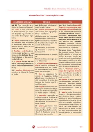 INSS 2015 – Direito Administrativo – Prof. Cristiano de Souza
www.acasadoconcurseiro.com.br 169
COMPETÊNCIAS NA CONSTITUIÇÃO FEDERAL
CONGRESSO NACIONAL SENADO TCU
Art. 49. É da competência ex-
clusiva do Congresso Nacional:
V – sustar os atos normativos
do Poder Executivo que exorbi-
tem do poder regulamentar ou
dos limites de delegação legis-
lativa;
IX – julgar anualmente as con-
tas prestadas pelo Presidente
da República e apreciar os re-
latórios sobre a execução dos
planos de governo;
X – fiscalizar e controlar, direta-
mente, ou por qualquer de suas
Casas, os atos do Poder Execu-
tivo, incluídos os da adminis-
tração indireta;
XII – apreciar os atos de con-
cessão e renovação de conces-
são de emissoras de rádio tele-
visão;
XIII – escolher dois terços dos
membros do Tribunal de Contas
da União;
Art. 52. Compete privativamen-
te ao Senado Federal:
III – aprovar previamente, por
voto secreto, após argüição pú-
blica, a escolha de:
a) Magistrados, nos casos esta-
belecidos nesta Constituição;
b) Ministros do Tribunal de Con-
tas da União indicados pelo Pre-
sidente da República;
c) Governador de Território;
d) Presidente e diretores do
banco central;
e) Procurador-Geral da Repúbli-
ca;
f) titulares de outros cargos que
a lei determinar;
V – autorizar operações exter-
nas de natureza financeira, de
interesse da União, dos Estados,
do Distrito Federal, dos Territó-
rios e dos Municípios;
VI – fixar, por proposta do Pre-
sidente da República, limites
globais para o montante da dí-
vida consolidada da União, dos
Estados, do Distrito Federal e
dos Municípios;
VIII – dispor sobre limites e con-
dições para a concessão de ga-
rantia da União em operações
de crédito externo e interno;
X – suspender a execução, no
todo ou em parte, de lei decla-
rada inconstitucional por deci-
são definitiva do Supremo Tri-
bunal Federal;
XI – aprovar, por maioria abso-
luta e por voto secreto, a exone-
ração, de ofício, do Procurador-
-Geral da República antes do
término de seu mandato;
Art. 70. A fiscalização contábil,
financeira, orçamentária, ope-
racional e patrimonial da União
e das entidades da administra-
ção direta e indireta, quanto à
legalidade, legitimidade, eco-
nomicidade, aplicação das sub-
venções e renúncia de receitas,
será exercida pelo Congresso
Nacional, mediante controle
externo, e pelo sistema de con-
trole interno de cada Poder.
Parágrafo único. Prestará con-
tas qualquer pessoa física ou
jurídica, pública ou privada, que
utilize, arrecade, guarde, ge-
rencie ou administre dinheiros,
bens e valores públicos ou pelos
quais a União responda, ou que,
em nome desta, assuma obriga-
ções de natureza pecuniária.
Art. 71. O controle externo, a
cargo do Congresso Nacional,
será exercido com o auxílio do
Tribunal de Contas da União, ao
qual compete:
I – apreciar as contas prestadas
anualmente pelo Presidente da
República, mediante parecer
prévio que deverá ser elabora-
do em sessenta dias a contar de
seu recebimento;
II – julgar as contas dos adminis-
tradores e demais responsáveis
por dinheiros, bens e valores
públicos da administração dire-
ta e indireta, incluídas as funda-
ções e sociedades instituídas e
mantidas pelo Poder Público fe-
deral, e as contas daqueles que
derem causa a perda, extravio
ou outra irregularidade de que
resulte prejuízo ao erário públi-
co;
 