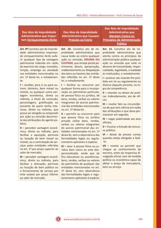 INSS 2015 – Direito Administrativo – Prof. Cristiano de Souza
www.acasadoconcurseiro.com.br 181
Dos Atos de Improbidade
Administrativa que Impor-
tam Enriquecimento Ilícito
Dos Atos de Improbidade
Administrativa que Causam
Prejuízo ao Erário
Dos Atos de Improbidade
Administrativa que
Atentam Contra os
Princípios da Administração
Pública
Art. 9º Constitui ato de improbi-
dade administrativa importan-
do enriquecimento ilícito aufe-
rir qualquer tipo de vantagem
patrimonial indevida em razão
do exercício de cargo, mandato,
função, emprego ou atividade
nas entidades mencionadas no
art. 1º desta lei, e notadamen-
te:
I – receber, para si ou para ou-
trem, dinheiro, bem móvel ou
imóvel, ou qualquer outra van-
tagem econômica, direta ou
indireta, a título de comissão,
percentagem, gratificação ou
presente de quem tenha inte-
resse, direto ou indireto, que
possa ser atingido ou amparado
por ação ou omissão decorren-
te das atribuições do agente pú-
blico;
II – perceber vantagem econô-
mica, direta ou indireta, para
facilitar a aquisição, permuta
ou locação de bem móvel ou
imóvel, ou a contratação de ser-
viços pelas entidades referidas
no art. 1º por preço superior ao
valor de mercado;
III – perceber vantagem econô-
mica, direta ou indireta, para
facilitar a alienação, permuta
ou locação de bem público ou
o fornecimento de serviço por
ente estatal por preço inferior
ao valor de mercado.
Art. 10. Constitui ato de im-
probidade administrativa que
causa lesão ao erário qualquer
ação ou omissão, DOLOSA OU
CULPOSA, que enseje perda pa-
trimonial, desvio, apropriação,
malbaratamento ou dilapidação
dos bens ou haveres das entida-
des referidas no art. 1º desta
lei, e notadamente:
I – facilitar ou concorrer por
qualquer forma para a incorpo-
ração ao patrimônio particular,
de pessoa física ou jurídica, de
bens, rendas, verbas ou valores
integrantes do acervo patrimo-
nial das entidades mencionadas
no art. 1º desta lei;
II – permitir ou concorrer para
que pessoa física ou jurídica
privada utilize bens, rendas,
verbas ou valores integrantes
do acervo patrimonial das en-
tidades mencionadas no art. 1º
desta lei, sem a observância das
formalidades legais ou regula-
mentares aplicáveis à espécie;
III – doar à pessoa física ou ju-
rídica bem como ao ente des-
personalizado, ainda que de
fins educativos ou assistências,
bens, rendas, verbas ou valores
do patrimônio de qualquer das
entidades mencionadas no art.
1º desta lei, sem observância
das formalidades legais e regu-
lamentares aplicáveis à espécie;
Art. 11. Constitui ato de im-
probidade administrativa que
atenta contra os princípios da
administração pública qualquer
ação ou omissão que viole os
deveres de honestidade, impar-
cialidade, legalidade, e lealdade
às instituições, e notadamente:
I – praticar ato visando fim proi-
bido em lei ou regulamento ou
diverso daquele previsto, na re-
gra de competência;
II – retardar ou deixar de prati-
car, indevidamente, ato de ofí-
cio;
III – revelar fato ou circunstân-
cia de que tem ciência em razão
das atribuições e que deva per-
manecer em segredo;
IV – negar publicidade aos atos
oficiais;
V – frustrar a licitude de concur-
so público;
VI – deixar de prestar contas
quando esteja obrigado a fazê-
-lo;
VII – revelar ou permitir que
chegue ao conhecimento de
terceiro, antes da respectiva di-
vulgação oficial, teor de medida
política ou econômica capaz de
afetar o preço de mercadoria,
bem ou serviço.
 