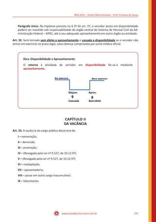 INSS 2015 – Direito Administrativo – Prof. Cristiano de Souza
www.acasadoconcurseiro.com.br 225
Parágrafo único. Na hipótese prevista no § 3º do art. 37, o servidor posto em disponibilidade
poderá ser mantido sob responsabilidade do órgão central do Sistema de Pessoal Civil da Ad-
ministração Federal – SIPEC, até o seu adequado aproveitamento em outro órgão ou entidade.
Art. 32. Será tornado sem efeito o aproveitamento e cassada a disponibilidade se o servidor não
entrar em exercício no prazo legal, salvo doença comprovada por junta médica oficial.
Dica: Disponibilidade x Aproveitamento
O retorno à atividade de servidor em disponibilidade far-se-á mediante
aproveitamento;
CAPÍTULO II
DA VACÂNCIA
Art. 33. A vacância do cargo público decorrerá de:
I – exoneração;
II – demissão;
III – promoção;
IV – (Revogado pela Lei nº 9.527, de 10.12.97)
V – (Revogado pela Lei nº 9.527, de 10.12.97)
VI – readaptação;
VII – aposentadoria;
VIII – posse em outro cargo inacumulável;
IX – falecimento.
 