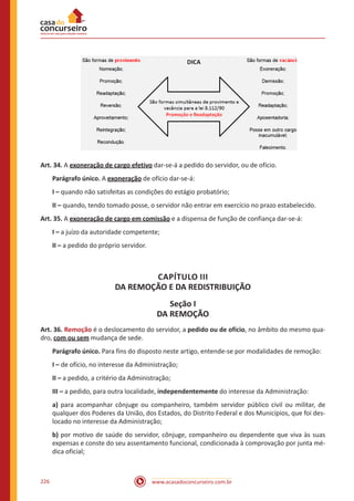 www.acasadoconcurseiro.com.br226
Art. 34. A exoneração de cargo efetivo dar-se-á a pedido do servidor, ou de ofício.
Parágrafo único. A exoneração de ofício dar-se-á:
I – quando não satisfeitas as condições do estágio probatório;
II – quando, tendo tomado posse, o servidor não entrar em exercício no prazo estabelecido.
Art. 35. A exoneração de cargo em comissão e a dispensa de função de confiança dar-se-á:
I – a juízo da autoridade competente;
II – a pedido do próprio servidor.
CAPÍTULO III
DA REMOÇÃO E DA REDISTRIBUIÇÃO
Seção I
DA REMOÇÃO
Art. 36. Remoção é o deslocamento do servidor, a pedido ou de ofício, no âmbito do mesmo qua-
dro, com ou sem mudança de sede.
Parágrafo único. Para fins do disposto neste artigo, entende-se por modalidades de remoção:
I – de ofício, no interesse da Administração;
II – a pedido, a critério da Administração;
III – a pedido, para outra localidade, independentemente do interesse da Administração:
a) para acompanhar cônjuge ou companheiro, também servidor público civil ou militar, de
qualquer dos Poderes da União, dos Estados, do Distrito Federal e dos Municípios, que foi des-
locado no interesse da Administração;
b) por motivo de saúde do servidor, cônjuge, companheiro ou dependente que viva às suas
expensas e conste do seu assentamento funcional, condicionada à comprovação por junta mé-
dica oficial;
 