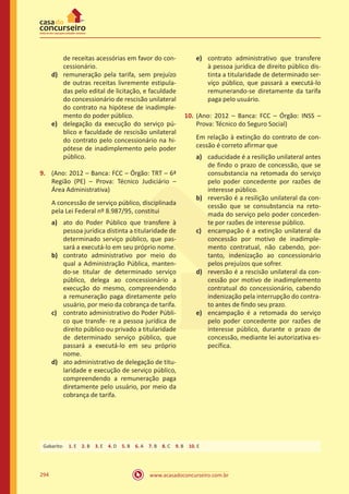 www.acasadoconcurseiro.com.br294
de receitas acessórias em favor do con-
cessionário.
d)	 remuneração pela tarifa, sem prejuízo
de outras receitas livremente estipula-
das pelo edital de licitação, e faculdade
do concessionário de rescisão unilateral
do contrato na hipótese de inadimple-
mento do poder público.
e)	 delegação da execução do serviço pú-
blico e faculdade de rescisão unilateral
do contrato pelo concessionário na hi-
pótese de inadimplemento pelo poder
público.
9.	 (Ano: 2012 – Banca: FCC – Órgão: TRT – 6ª
Região (PE) – Prova: Técnico Judiciário –
Área Administrativa)
A concessão de serviço público, disciplinada
pela Lei Federal nº 8.987/95, constitui
a)	 ato do Poder Público que transfere à
pessoa jurídica distinta a titularidade de
determinado serviço público, que pas-
sará a executá-lo em seu próprio nome.
b)	 contrato administrativo por meio do
qual a Administração Pública, manten-
do-se titular de determinado serviço
público, delega ao concessionário a
execução do mesmo, compreendendo
a remuneração paga diretamente pelo
usuário, por meio da cobrança de tarifa.
c)	 contrato administrativo do Poder Públi-
co que transfe- re a pessoa jurídica de
direito público ou privado a titularidade
de determinado serviço público, que
passará a executá-lo em seu próprio
nome.
d)	 ato administrativo de delegação de titu-
laridade e execução de serviço público,
compreendendo a remuneração paga
diretamente pelo usuário, por meio da
cobrança de tarifa.
e)	 contrato administrativo que transfere
à pessoa jurídica de direito público dis-
tinta a titularidade de determinado ser-
viço público, que passará a executá-lo
remunerando-se diretamente da tarifa
paga pelo usuário.
10.	(Ano: 2012 – Banca: FCC – Órgão: INSS –
Prova: Técnico do Seguro Social)
Em relação à extinção do contrato de con-
cessão é correto afirmar que
a)	 caducidade é a resilição unilateral antes
de findo o prazo de concessão, que se
consubstancia na retomada do serviço
pelo poder concedente por razões de
interesse público.
b)	 reversão é a resilição unilateral da con-
cessão que se consubstancia na reto-
mada do serviço pelo poder conceden-
te por razões de interesse público.
c)	 encampação é a extinção unilateral da
concessão por motivo de inadimple-
mento contratual, não cabendo, por-
tanto, indenização ao concessionário
pelos prejuízos que sofrer.
d)	 reversão é a rescisão unilateral da con-
cessão por motivo de inadimplemento
contratual do concessionário, cabendo
indenização pela interrupção do contra-
to antes de findo seu prazo.
e)	 encampação é a retomada do serviço
pelo poder concedente por razões de
interesse público, durante o prazo de
concessão, mediante lei autorizativa es-
pecífica.
Gabarito: 1. E 2. B 3. E 4. D 5. B 6. A 7. B 8. C 9. B 10. E
 