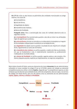 INSS 2015 – Direito Administrativo – Prof. Cristiano de Souza
www.acasadoconcurseiro.com.br 91
Art. 2º São nulos os atos lesivos ao patrimônio das entidades mencionadas no artigo
anterior, nos casos de:
a) incompetência;
b) vício de forma;
c) ilegalidade do objeto;
d) inexistência dos motivos;
e) desvio de finalidade.
Parágrafo único. Para a conceituação dos casos de nulidade observar-se-ão as
seguintes normas:
a) a incompetência fica caracterizada quando o ato não se incluir nas atribuições
legais do agente que o praticou;
b) o vício de forma consiste na omissão ou na observância incompleta ou irregular
de formalidades indispensáveis à existência ou seriedade do ato;
c) a ilegalidade do objeto ocorre quando o resultado do ato importa em violação
de lei, regulamento ou outro ato normativo;
d) a inexistência dos motivos se verifica quando a matéria de fato ou de direito,
em que se fundamenta o ato, é materialmente inexistente ou juridicamente
inadequada ao resultado obtido;
e) o desvio de finalidade se verifica quando o agente pratica o ato visando a fim
diverso daquele previsto, explícita ou implicitamente, na regra de competência.
Maria Sylvia Zanella Di Pietro, procurou denomina-los como elementos do ato administrativo,
utilizando os cincos contidos no artigo 2º da Lei 4.717/65, porém em relação ao elemento
competência procurou utilizar o termo Sujeito, alegando que “a competência é apenas um dos
atributos que ele deve ter para validade do ato; além de competente, deve ser capaz, nos termos
do Código Civil Desta forma, para ela são apenas cinco os elementos do ato administrativo:
sujeito, objeto, a forma, o motivo e a finalidade.
 