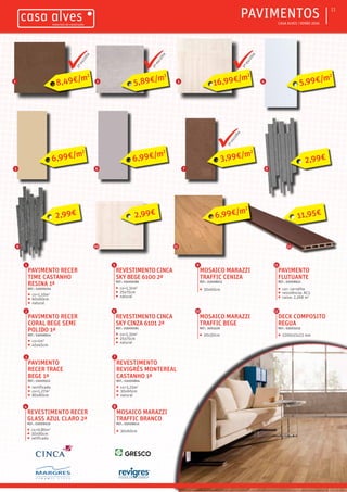 ƒƒ CASA ALVES | VERÃO 2016
ƒƒPAVIMENTOS 11
PAVIMENTO RECER
TIME CASTANHO
RESINA 1ª
REF.: 03009104
ƒƒ cx=1,10m2
ƒƒ 60x60cm
ƒƒ natural
PAVIMENTO RECER
CORAL BEGE SEMI
POLIDO 1ª
REF.: 03008914
ƒƒ cx=1m2
ƒƒ 45x45cm
REVESTIMENTO RECER
GLASS AZUL CLARO 2ª
REF.: 03009019
ƒƒ cx=0,80m2
ƒƒ 30x90cm
ƒƒ retificado
1
2
4
REVESTIMENTO CINCA
SKY BEGE 6100 2ª
REF.: 03009189
ƒƒ cx=1,31m2
ƒƒ 25x75cm
ƒƒ natural
5
REVESTIMENTO
REVIGRÉS MONTEREAL
CASTANHO 1ª
REF.: 03006864
ƒƒ cx=1,25m2
ƒƒ 30x60cm
ƒƒ natural
7
MOSAICO MARAZZI
TRAFFIC BEGE
REF.: 3003226
ƒƒ 30x30cm
PAVIMENTO
FLUTUANTE
REF.: 03008622
ƒƒ cor: carvalho
ƒƒ resistência: AC5
ƒƒ caixa: 2,268 m2
MOSAICO MARAZZI
TRAFFIC BRANCO
REF.: 03008614
ƒƒ 30x60cm
8
10
11
PAVIMENTO
RECER TRACE
BEGE 1ª
REF.: 03009312
ƒƒ rectificado
ƒƒ cx=1,27m2
ƒƒ 80x80cm
3
REVESTIMENTO CINCA
SKY CINZA 6101 2ª
REF.: 03009185
ƒƒ cx=1,31m2
ƒƒ 25x75cm
ƒƒ natural
6
DECK COMPOSITO
REGUA
REF.: 03005533
ƒƒ 2200x15x23 mm
MOSAICO MARAZZI
TRAFFIC CENIZA
REF.: 03008615
ƒƒ 30x60cm
9
12
6
6,99€/m2
5
6,99€/m2
4
5,99€/m2
9
2,99€
8

1ªescolha
7
3,99€/m2
12
11,95€
11
6,99€/m2
10

1ªescolha
3
16,99€/m2

1ªescolha
2
5,89€/m2
1ªescolha
1
8,49€/m2
2,99€
2,99€
 