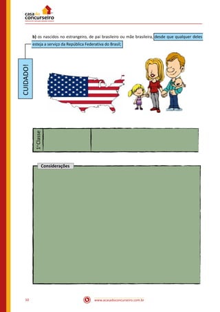 www.acasadoconcurseiro.com.br10
b) os nascidos no estrangeiro, de pai brasileiro ou mãe brasileira, desde que qualquer deles
esteja a serviço da República Federativa do Brasil;
 
1a
Classe
Considerações
 