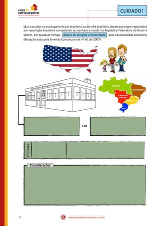 www.acasadoconcurseiro.com.br12
c) os nascidos no estrangeiro de pai brasileiro ou de mãe brasileira, desde que sejam registrados
em repartição brasileira competente ou venham a residir na República Federativa do Brasil e
optem, em qualquer tempo, depois de atingida a maioridade, pela nacionalidade brasileira;
(Redação dada pela Emenda Constitucional nº 54, de 2007)
 
Repartição Brasileira Competente
 
OU
1a
Classe
Considerações
 