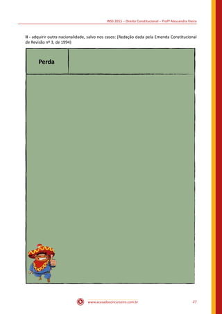 INSS 2015 – Direito Constitucional – Profª Alessandra Vieira
www.acasadoconcurseiro.com.br 27
II - adquirir outra nacionalidade, salvo nos casos: (Redação dada pela Emenda Constitucional
de Revisão nº 3, de 1994)
Perda
 