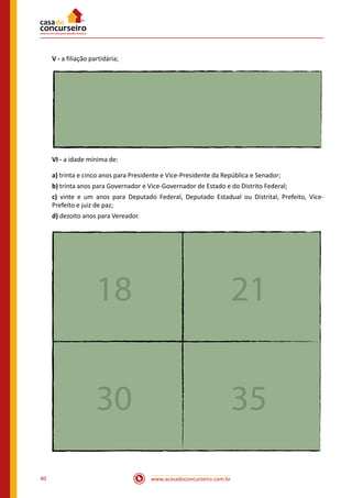 www.acasadoconcurseiro.com.br40
V - a filiação partidária;
VI - a idade mínima de:
a) trinta e cinco anos para Presidente e Vice-Presidente da República e Senador;
b) trinta anos para Governador e Vice-Governador de Estado e do Distrito Federal;
c) vinte e um anos para Deputado Federal, Deputado Estadual ou Distrital, Prefeito, Vice-
Prefeito e juiz de paz;
d) dezoito anos para Vereador.
18 21
30 35
 