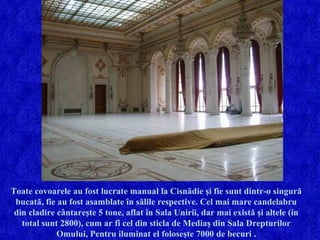 Toate covoarele au fost lucrate manual la Cisnădie şi fie sunt dintr-o singură bucată, fie au fost asamblate în sălile respective. Cel mai mare candelabru din cladire cântareşte 5 tone, aflat în Sala Unirii, dar mai există şi altele (in total sunt 2800), cum ar fi cel din sticla de Mediaş din Sala Drepturilor Omului, Pentru iluminat el foloseşte 7000 de becuri . 