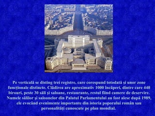 Pe verticală se disting trei registre, care corespund totodată şi unor zone funcţionale distincte. Clădirea are aproximativ 1000 încăperi, dintre care 440 birouri, peste 30 săli şi saloane, restaurante, restul fiind camere de deservire. Numele sălilor şi saloanelor din Palatul Parlamentului au fost alese după 1989, ele evocând evenimente importante din istoria poporului român sau personalităţi cunoscute pe plan mondial.  