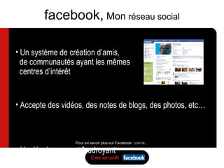 Pour en savoir plus sur Facebook :  voir là… facebook,  Mon  réseau social Créer son profil Un système de création d’amis,  de communautés ayant les m êmes  centres d’intérêt Ergonomie sympathique et conviviale Accepte des vidéos, des notes de blogs, des photos, etc… Pour avoir accès aux membres, il faut s’inscrire au préalable Un développement foudroyant 