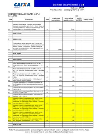 planilha orçamentária | 34
GIDUR/VT

Cadernos CAIXA
Projeto padrão – casas populares | 42m²

ORÇAMENTO CASA MODULADA 41,87 m²
DATA BASE :
ITEM

4.2

BDI :
QUANTIDADE
( padrão básico )

QUANTIDADE
( padrão mínimo )

DESCRIÇÃO

UNID

Vergas e contra-vergas p/ vãos de esquadrias em
blocos de concreto tipo calha 9 x 19 x 19 cm, cheios de
concreto 20 MPa, incl. armação com 2 barras de ferro
corridos diam. 5.0 mm, conforme projeto

m

14,60

14,60

m²

55,85

PREÇO
UNITÁRIO

PREÇO TOTAL

55,85

SUB - TOTAL

5

COBERTURA

5.1

Cobertura com telhas cerâmicas capa e canal, tipo
plan, inclusive madeiramento ( apoio em paredes, sem
tesoura ) tratado c/ cupimicida, cumieira, cordão de
arremate dos beirais e última fiada argamassada com
cimento, cal e areia 1:2:8
SUB - TOTAL

6

ESQUADRIAS

6.1

Porta de madeira almofadada 0,80 x 2,10 cm, e=3,5
cm p/ pintura, incl. Marco tipo aduela e alizar 4 x 1,5
cm

m²

3,36

3,36

6.2

Porta de madeira compensado liso 0,70 x 2,10 cm,
e=3,5 cm p/ pintura, incl. Marco tipo aduela e alizar 4 x
1,5 cm

m²

2,94

2,94

m²

1,26

1,26

CJ

2,00

2,00

CJ

3,00

3,00

m²

5,88

m²

1,20

m²

0,48

6.3
6.4

Porta de madeira compensado liso 0,60 x 2,10 cm,
e=3,5 cm p/ pintura, incl. Marco tipo aduela e alizar 4 x
1,5 cm
Fechadura tipo cilindro completa + 3 dobradiças em
metal cromado p/ porta externa

6.8

Conjunto de ferragens c/ 1 tarjeta e 3 dobradiças de
ferro niquelado simples para as portas dos quartos e
banheiro
Janela de alumínio anodizado fosco de correr 2 folhas
1,40 x 1,40 m
Janela de alumínio anodizado fosco, tipo maxim-ar, 2
bandeiras, 1,00 X 1,20 m
Janela de alumínio anodizado fosco, tipo maxim-ar, 1
bandeira, 0,60 X 0,80 m

6.6 a

Janela de madeira mista para pintura, tipo de correr 4
folhas ( 2 fixas ) para vidro e painel superior em
veneziana, incl. Ferragens ( trilho, roldanas e punhos )
nas dimensões 1,10 X 2,00 m

m²

2,20

6.7 a

Janela de madeira mista para pintura, tipo de correr 4
folhas ( 2 fixas ) para vidro e painel superior em
veneziana, incl. Ferragens ( trilho, roldanas e punhos )
nas dimensões 1,10 X 1,50 m

m²

3,30

6.8 a

Janela de madeira mista para pintura, tipo de correr 4
folhas ( 2 fixas ) para vidro e painel superior em
veneziana, incl. Ferragens ( trilho, roldanas e punhos )
nas dimensões 1,10 X 1,20 m

m²

1,32

6.9 a

Báscula de madeira para pintura ( parajú ), p/ vidro,
incl. ferragens, nas dimensões 0,60 X 0,80 m

m²

0,48

6.5
6.6
6.7

SUB - TOTAL

Nota: Os serviços destacados apenas comporão o orçamento em caso de opção pelo acabamento mínimo. Neste
caso os demais serviços de cada etapa serão substituídos por esses.

 