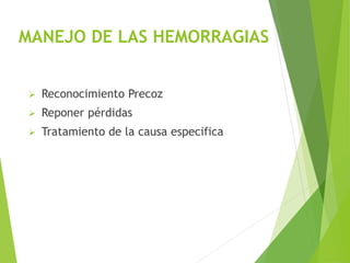 MANEJO DE LAS HEMORRAGIAS 
 Reconocimiento Precoz 
 Reponer pérdidas 
 Tratamiento de la causa especifica 
 