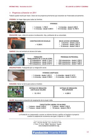 INFORME FINAL – Noviembre de 2011                                                         IES JUAN DE LA CIERVA Y CODORNIU



 Proyectos a financiar en 2011
Todavía queda mucho por hacer. Estos son los proyectos prioritarios que necesitan ser financiados actualmente.

VIVIENDA: Un hogar digno para todas las familias.

                                                                 VIVIENDAS

                                    ▪ 1 vivienda - 1.700 €                 ▪ 5 viviendas – desde 8.300 €
                                    ▪ 3 viviendas – desde 5.000 €          ▪ 10 viviendas – desde 16.700 €



EDUCACIÓN: Ayer, niños sin acceso a la educación. Hoy, profesores de su comunidad.


                              CONSTRUCCIÓN DE ESCUELAS                          BECAS ACCESO UNIVERSIDAD
                                                                                ▪ 4 alumnos – desde 2.232 €
                                        ▪ 9.200 €                               ▪ 7 alumnos – desde 3.907 €
                                                                                ▪ 10 alumnos – desde 5.582 €


SANIDAD: Una red sanitaria al alcance de todos.


                                    FORMACIÓN                                      PROGRAMA NUTRICIONAL
                          TRABAJADORAS DE LA SALUD (CHW)
                           ▪ 25 trabajadoras – desde 2.126 €                ▪ 150 tratamientos – desde 2.250 €
                           ▪ 50 trabajadoras – desde 4.253 €                ▪ 250 tratamientos – desde 3.750 €
                           ▪ 100 trabajadoras – desde 8.507 €               ▪ 500 tratamientos – desde 7.500 €

DISCAPACITADOS: Trabajando por su integración social.


                                                    VIVIENDAS ADAPTADAS
                                 ▪ 1 vivienda – desde 1.833 €           ▪ 5 viviendas – desde 9.167 €
                                 ▪ 3 viviendas – desde 5.500 €          ▪ 8 viviendas – desde 14.665 €



ECOLOGÍA: Salvar la tierra para salvar al hombre.

                             SISTEMAS DE IRRIGACIÓN                              SISTEMAS DE IRRIGACIÓN
                               CON PLACAS SOLARES                                   POR ASPERSIÓN

                                    ▪ 10.135 €                                         ▪ 6.000 €



MUJER: Mejorando la situación de marginación de la mujer india.

                                           CAPACITACIÓN LABORAL DE MUJERES
                         ▪ 3 telares – desde 2.094 €    ▪ 5 telares – desde 3.350 €
                         ▪ 7 telares – desde 4.690 €    ▪ 10 telares – desde 6.700 €



              La Fundación se compromete a enviar un informe técnico y gráfico al finalizar el proyecto
                          cuando la colaboración económica sea igual o superior a 1.700 €.


                                      Departamento de Relaciones con Particulares
                                     Telf. (+34) 934 190 268 - Fax (+34) 933 211 970
                                     C. Paris, 71 3o 2a - 08029 - Barcelona – España
                                              www.fundacionvicenteferrer.org



                                                                                                                       12
 